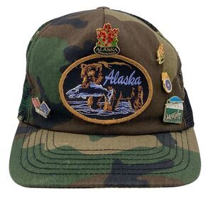Vintage Alaska Camouflage Snapback Trucker Hat with Travel Journey Pins (H27)